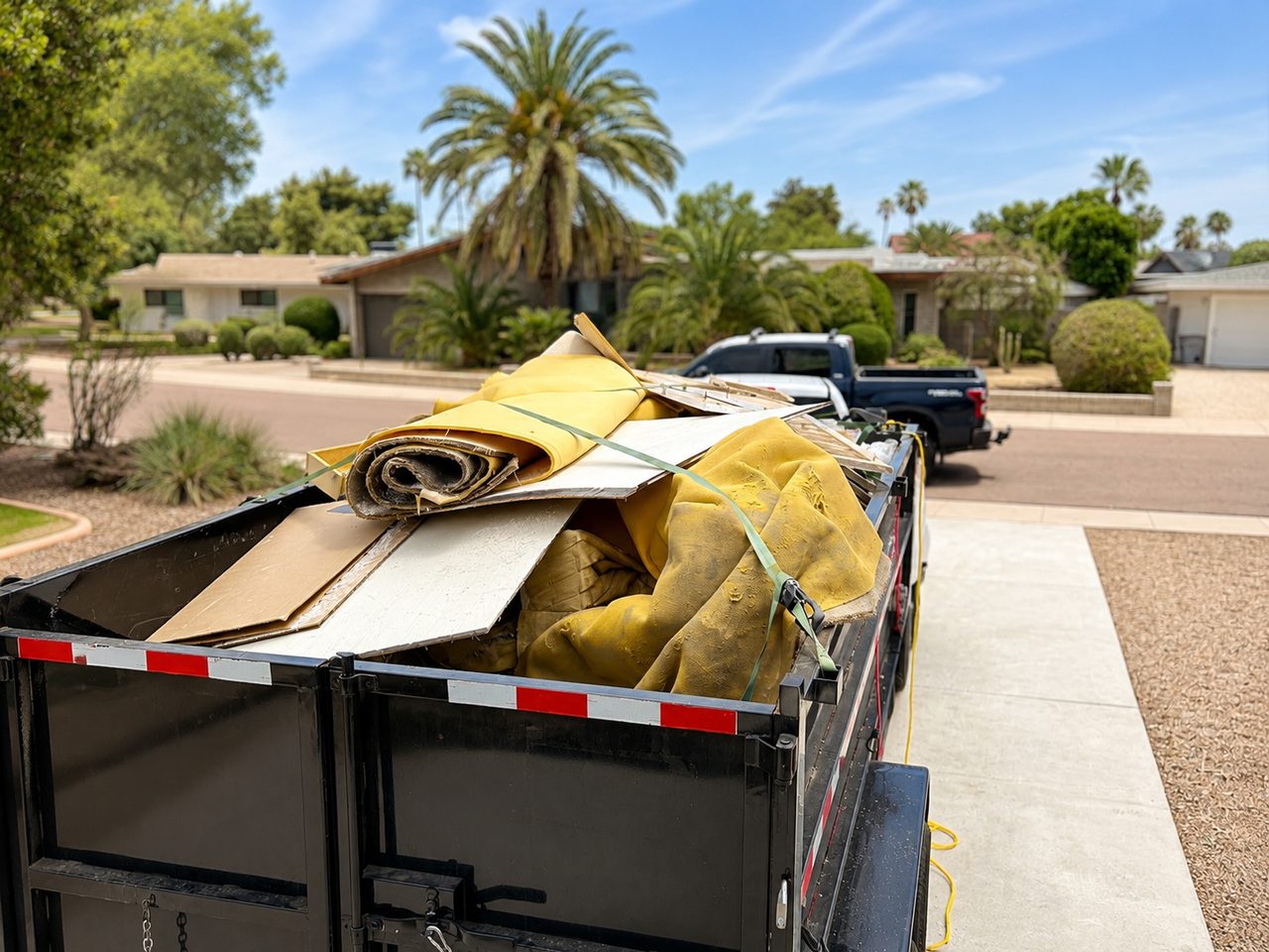 Trailer loaded with carpet and renovation debris hauled from a remodel