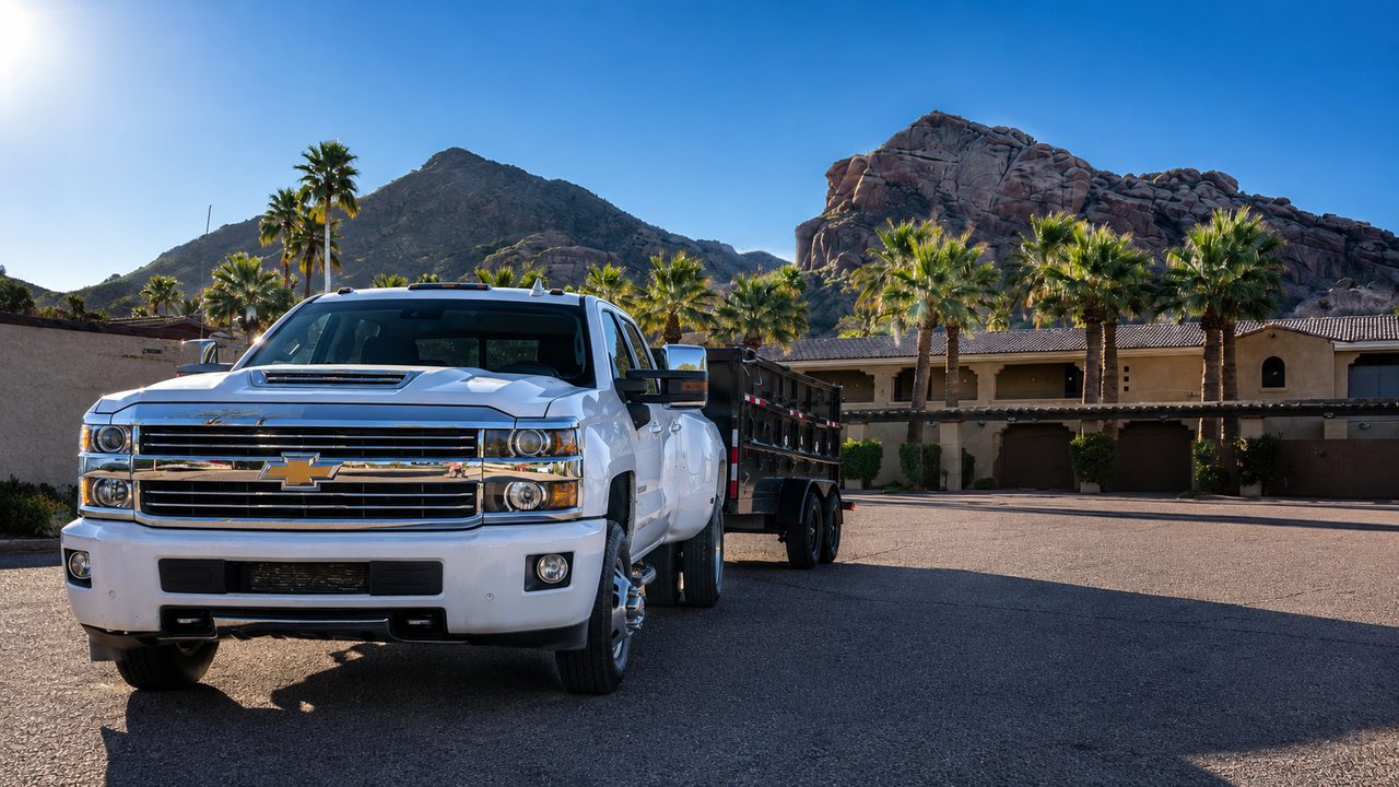 AZ Junk Pros white dually truck and black dump trailer with an Arizona mountain backdrop